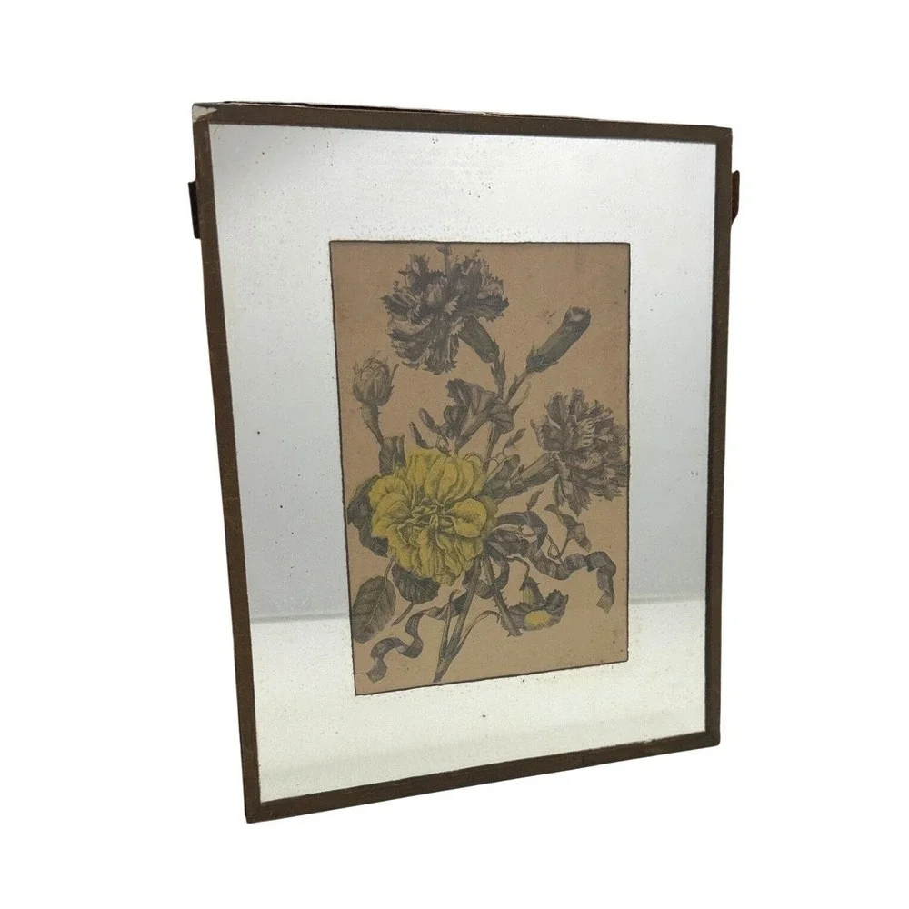 Vintage Botanical Floral Mirror Wall Art Yellow Carnations Rustic READ